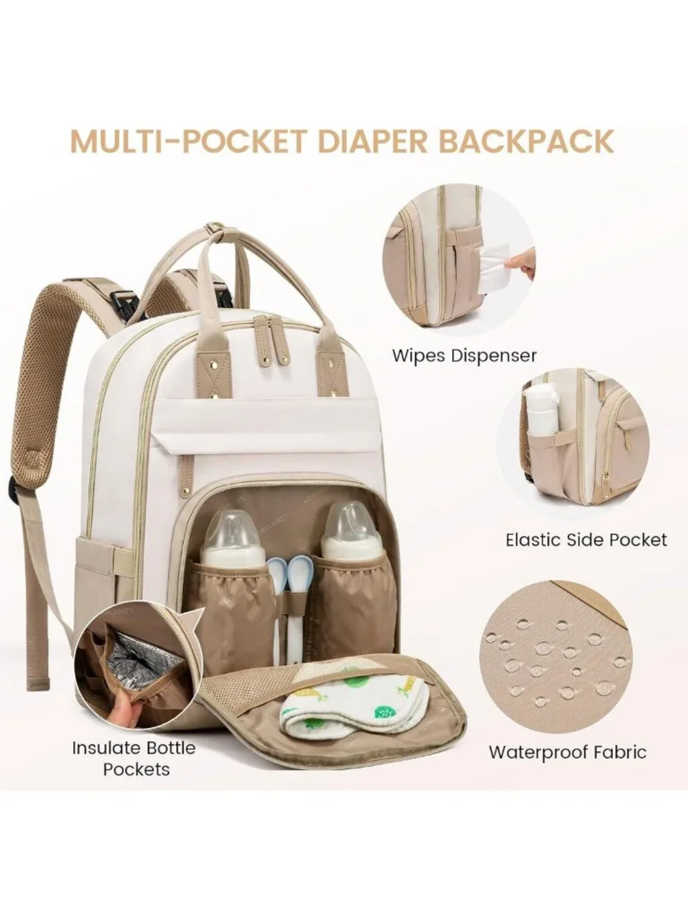Stylish Waterproof Diaper Bag Backpack with Changing Pad & Stroller Buckles